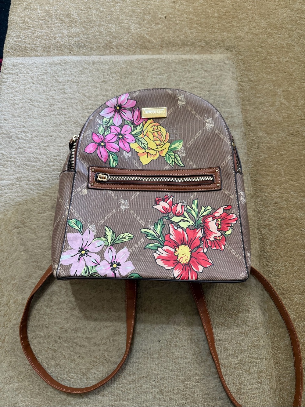 US Polo Assn Floral Print Brown Mini Backpack